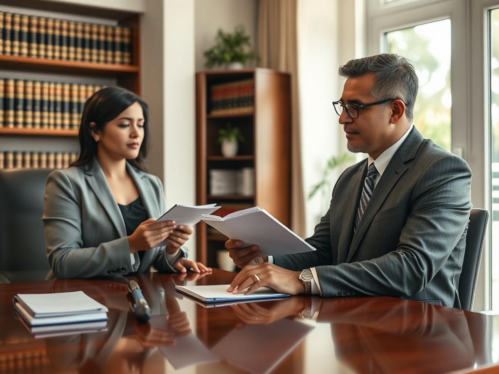 Create a realistic high-resolution photograph focusing on a Miami asylum attorney seated at a polished wooden desk in an inviting office setting. The subject, a middle-aged Hispanic attorney, is engaged in a one-on-one consultation with a client, displaying a supportive and attentive demeanor. The attorney should be wearing a professional suit, showcasing confidence and approachability. The client, a young Asian adult, looks anxious yet hopeful, holding a notebook filled with notes. 

In the background, inc