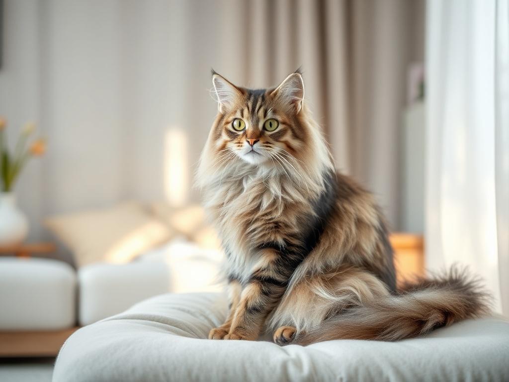 A stunning Maine Coon queen sitting gracefully on a soft cushion in a serene indoor setting. The queen has a fluffy coat with beautiful tabby markings and large, expressive eyes. The background features gentle lighting, soft pastel colors, and a cozy atmosphere, showcasing a peaceful corner of a home designed for comfort. The focus is solely on the queen, highlighting her regal demeanor and well-groomed appearance, embodying the breed's charm and elegance.