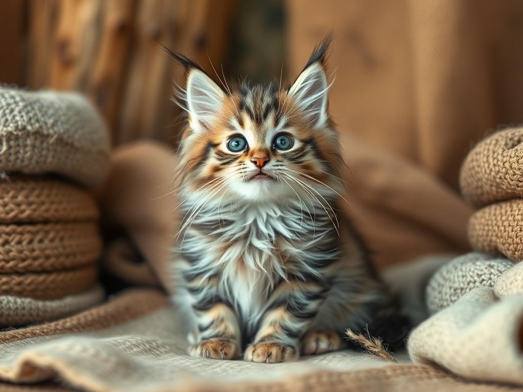 A high-resolution image of a Maine Coon kitten with a playful expression, sitting in a cozy, rustic environment filled with natural textures, like wood and soft fabrics. The setting should have warm, earthy tones and a background that evokes a sense of comfort and home, emphasizing the kitten's fluffy fur and charming personality.
