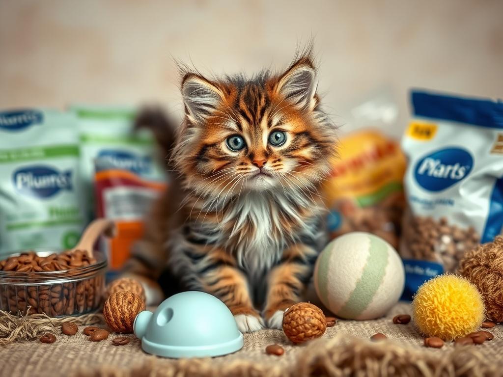 A realistic high-resolution image showcasing a Maine Coon kitten surrounded by various starter items like food, toys, and litter supplies. The background should be a soft, natural setting with earthy tones, emphasizing comfort and care, and highlighting the playful nature of the kitten amidst the items.