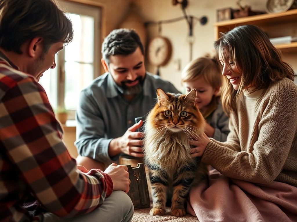 A warm, inviting image depicting a family interacting with a Maine Coon cat in a home setting, showcasing a sense of community and care. The background should reflect a cozy, rustic aesthetic with natural materials and soft lighting, emphasizing the bond between humans and their pets.