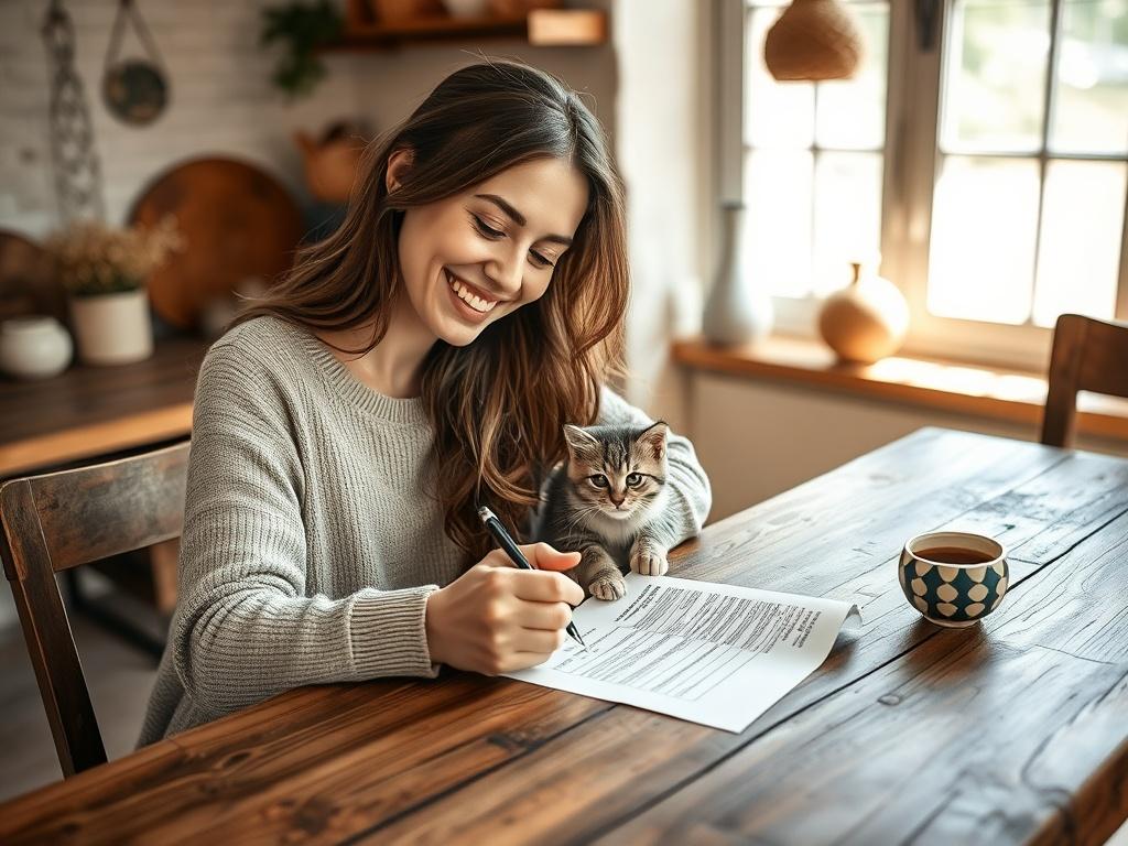 A happy woman sitting at a rustic wooden table, filling out a longhair kitten adoption application. She has a warm smile on her face and is holding a cup of coffee in her other hand. The setting is cozy, with soft natural light streaming in from a window, showcasing earthy textures and a grounded aesthetic. The background features hints of homey decor, creating an inviting atmosphere.