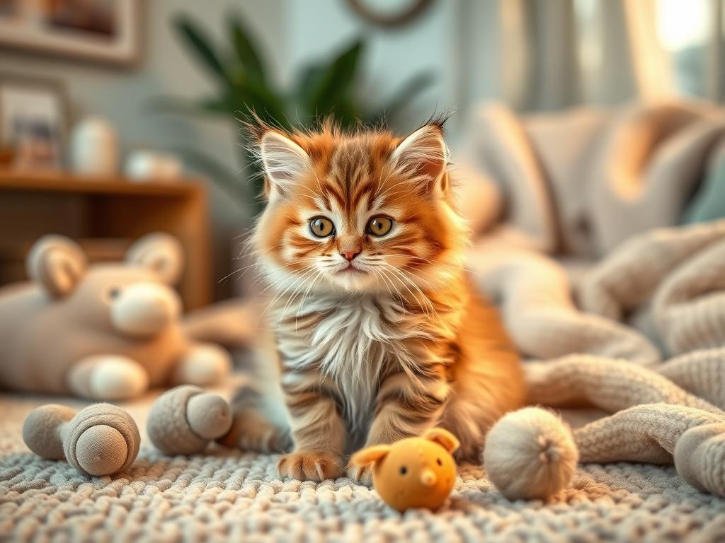 A fluffy Maine Coon kitten with golden eyes, playfully sitting in a cozy living room surrounded by soft toys and a warm blanket, gentle lighting creating a peaceful atmosphere.