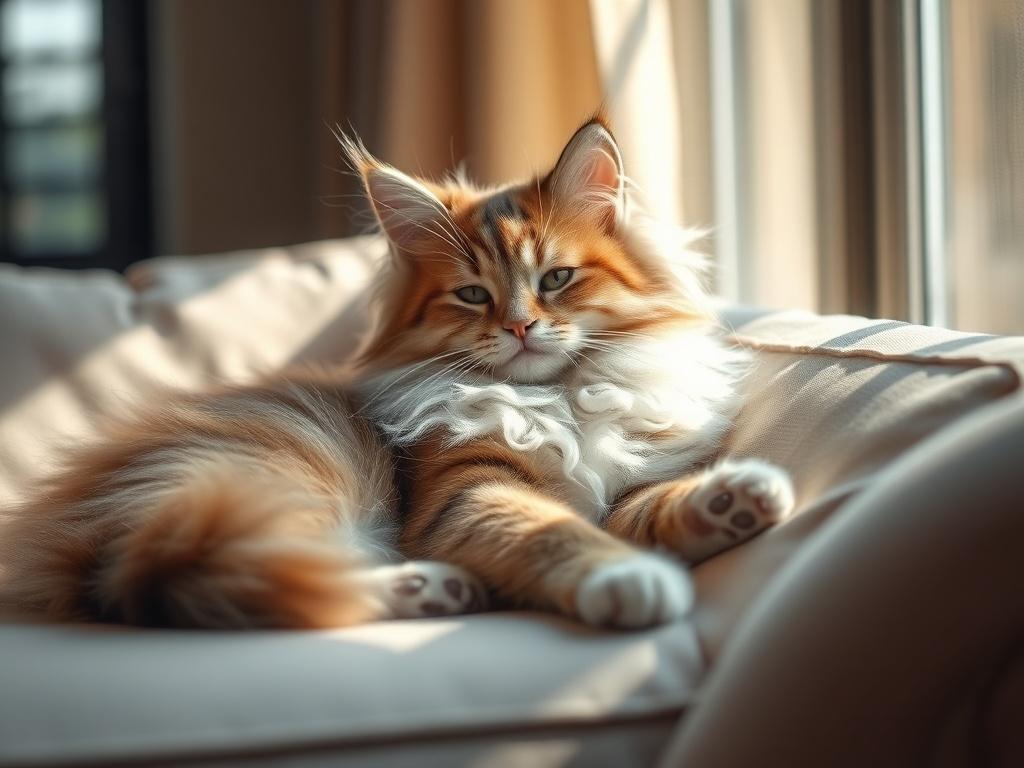 A large Maine Coon kitten with a fluffy coat, lounging peacefully on a soft couch, surrounded by sunlight streaming through a window, creating a serene and inviting ambiance.