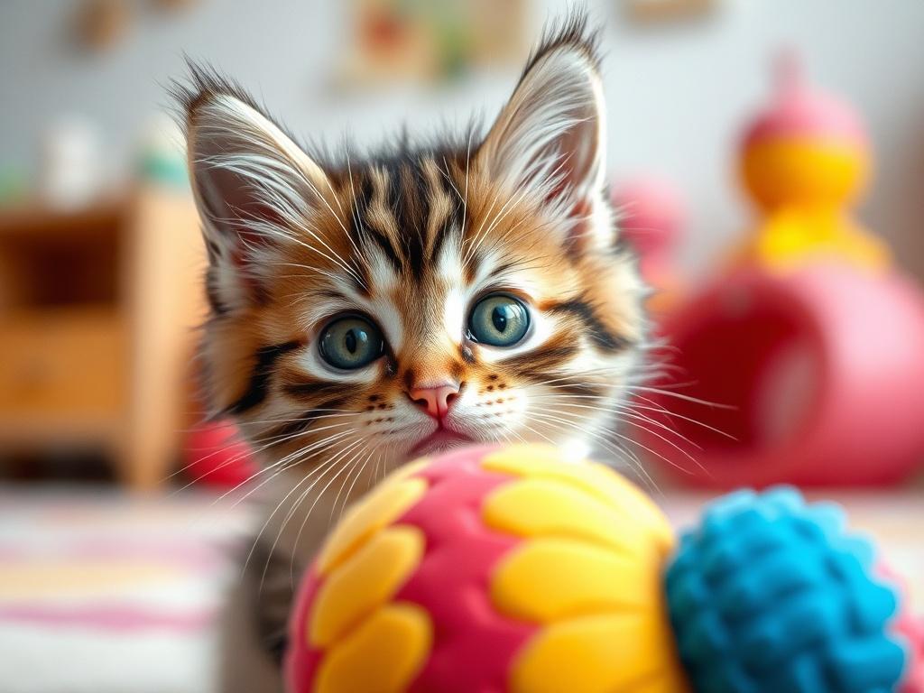 A curious Maine Coon kitten peeking out from behind a colorful toy, its eyes wide with curiosity, captured in a bright and cheerful playroom setting.