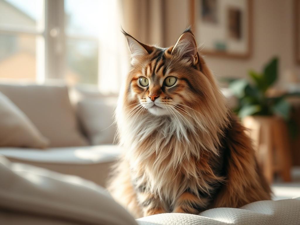 A high-resolution photo of a Maine Coon cat sitting peacefully in a sunlit living room, surrounded by soft furnishings. The cat should have a majestic appearance with fluffy fur and bright eyes, exuding a friendly demeanor. The background should feature gentle lighting and warm colors, creating a cozy atmosphere.