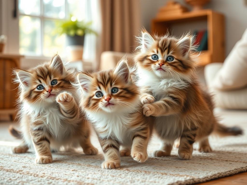A high-resolution photo of playful Maine Coon kittens frolicking in a cozy room. The kittens should display various playful poses, showcasing their fluffy fur and vibrant personalities. The background should be bright and cheerful, with soft lighting that enhances the warmth of the scene.