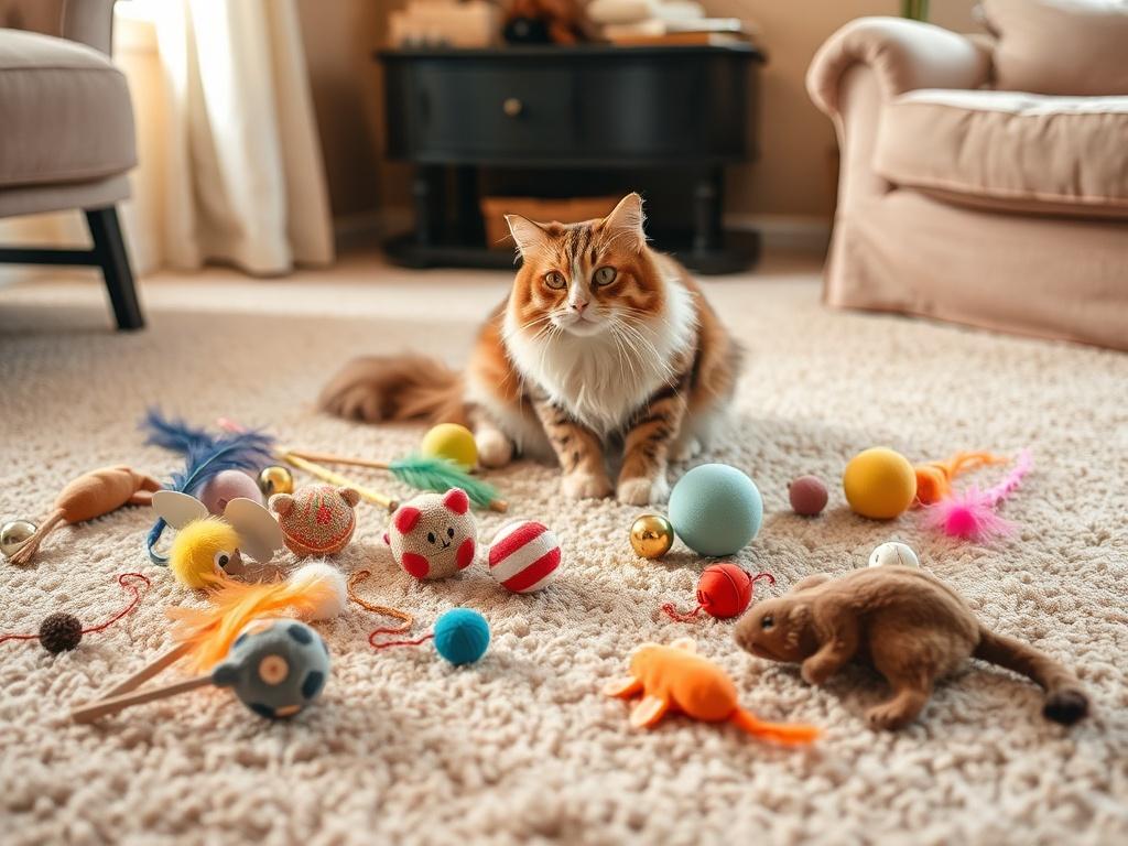 A realistic high-resolution photo of a variety of Maine Coon Cat Toys, including feather wands, jingle balls, and plush mice, scattered across a soft carpet, with a Maine Coon cat playfully interacting with the toys in a warm, inviting room.