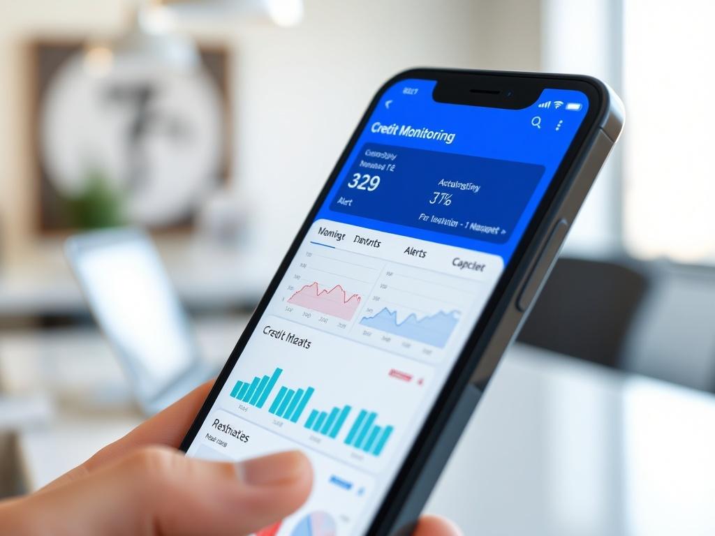 A close-up shot of a smartphone displaying a credit monitoring app interface, featuring charts and alerts. The background should be a simple, blurred office setting, emphasizing a sense of professionalism and security. The image should have realistic high-resolution quality, shot with a 45mm f/1.2 lens, showcasing the app clearly.