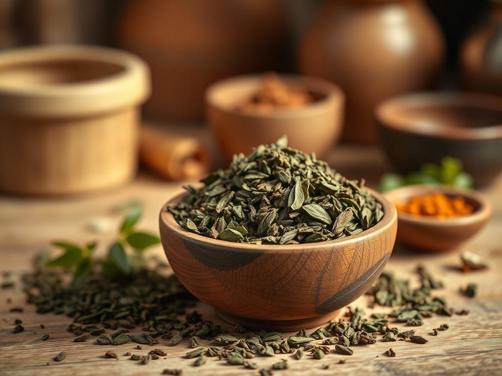 **AI Image Generation Prompt:**

Create a highly detailed, realistic high-resolution image that captures the essence of sun-dried fenugreek leaves, known as Qasoori methi. The composition should feature a single, clear subject: a small, rustic wooden bowl filled with vibrant, crumbled Qasoori methi. The leaves should appear dark green to brown, showcasing their texture and richness, with some flakes scattered around the bowl to emphasize their rustic nature.

In the background, use a soft-focus, warm-toned 