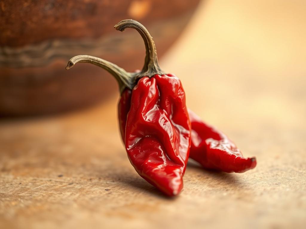 Create a realistic high-resolution photo of dried whole chili peppers (Round and long shaped) to accompany the blog titled "Dried Whole Chili." The image should focus on a single subject: a small, fiery Bird’s Eye chili pepper, characterized by its bright red color and slight wrinkling. The chili should be placed at the center of the frame, showcasing its vibrant hue with a softly blurred background.  The background should be a warm, neutral tone that complements the red of the chili