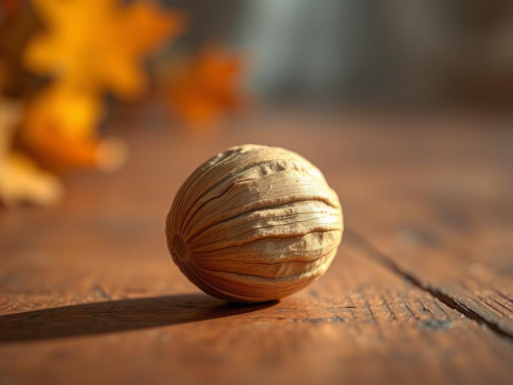 **AI Image Generation Prompt:**

Create a hyper-realistic close-up image of a single whole nutmeg seed, showcasing its textured, brown, oval shape. The nutmeg should be placed on a rustic wooden surface, reflecting warmth and natural charm. The background should be softly blurred, featuring hints of autumn colors, like golden yellows and deep oranges, to evoke a cozy fall atmosphere. Subtle shadows should fall beneath the nutmeg, enhancing its three-dimensional appearance. The lighting should be warm and in