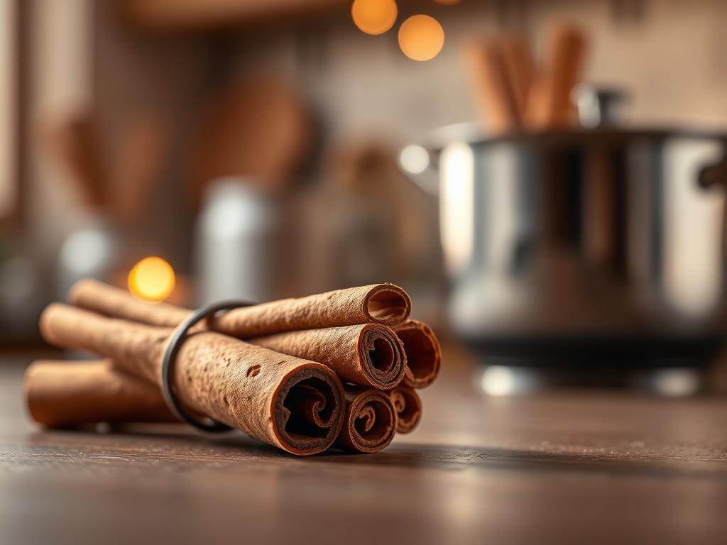 **AI Image Generation Prompt:**

Create a realistic high-resolution photo focusing on a single, beautifully arranged cinnamon stick as the main subject. The cinnamon stick should be prominently displayed in the center of the image, showcasing its unique curl and texture. Capture the warm, rich browns and earthy tones of the wood, highlighting the rustic charm of this spice.

For the background, use a softly blurred kitchen setting that evokes a sense of warmth and coziness. Include hints of softly glowing c