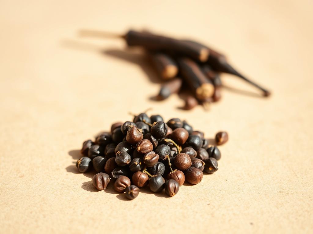 **AI Image Generator Prompt:**

Create a realistic high-resolution photo featuring a close-up shot of Kebab Chini (Jamaican Pepper), known scientifically as Pimenta dioica. The image should focus solely on a small pile of the dried, unripe berries that resemble dark, round peppercorns. Ensure that the berries are glistening slightly to reflect their natural oils. The background should be a soft, neutral color that enhances the rich brown and dark black hues of the berries, allowing them to stand out undenia