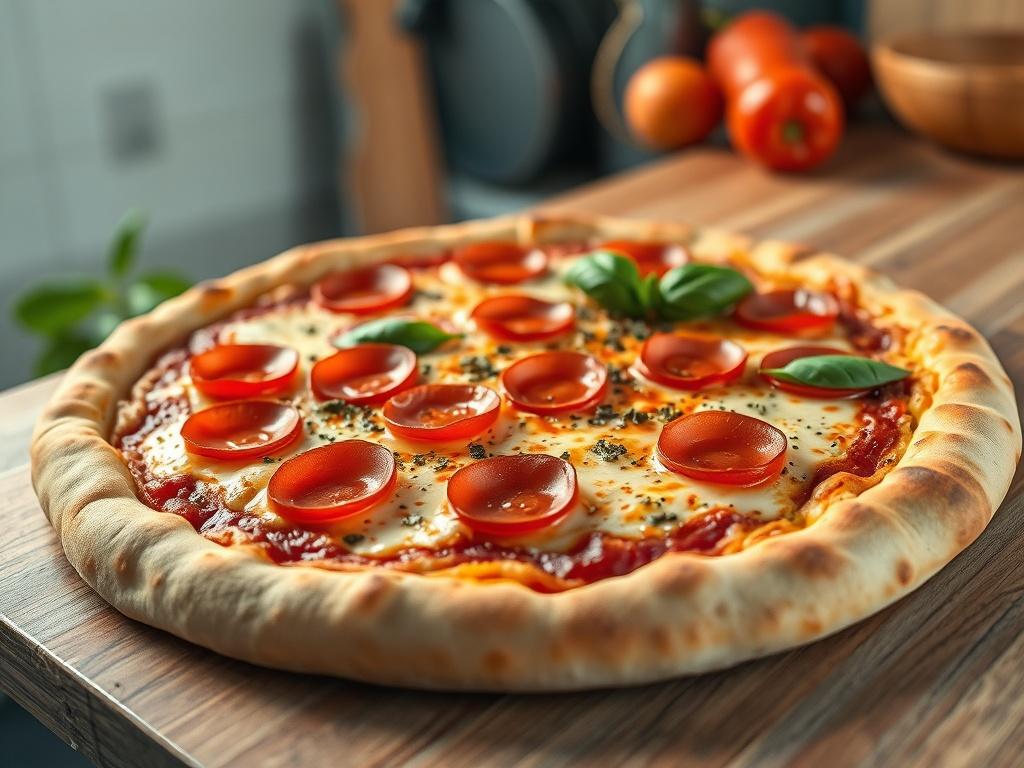 **AI Image Generation Prompt:**

Create a highly detailed, realistic high-resolution photo of a freshly baked pizza as the main subject. The pizza should be prominently placed in the center of the composition, showcasing its crispy, golden-brown crust with a slightly charred edge. The pizza should be topped generously with vibrant, melted mozzarella cheese, glistening under soft light. Include a rich, tangy tomato sauce peeking out between the cheese and topping layers.

For toppings, feature a colorful med