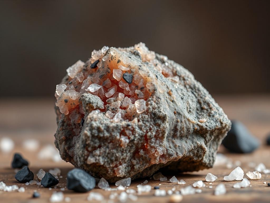 **AI Image Generation Prompt:**

Create a highly detailed, realistic high-resolution photo featuring Kala Namak, also known as Black Salt. The composition should be simple and clear, focusing solely on a single piece of Kala Namak. 

The subject is a coarse chunk of this distinctive, unrefined mineral salt, showcasing its striking pinkish-gray hue, which should be prominently displayed to highlight its unique color. The salt should be textured, appearing rough and natural, capturing the essence of its raw, 