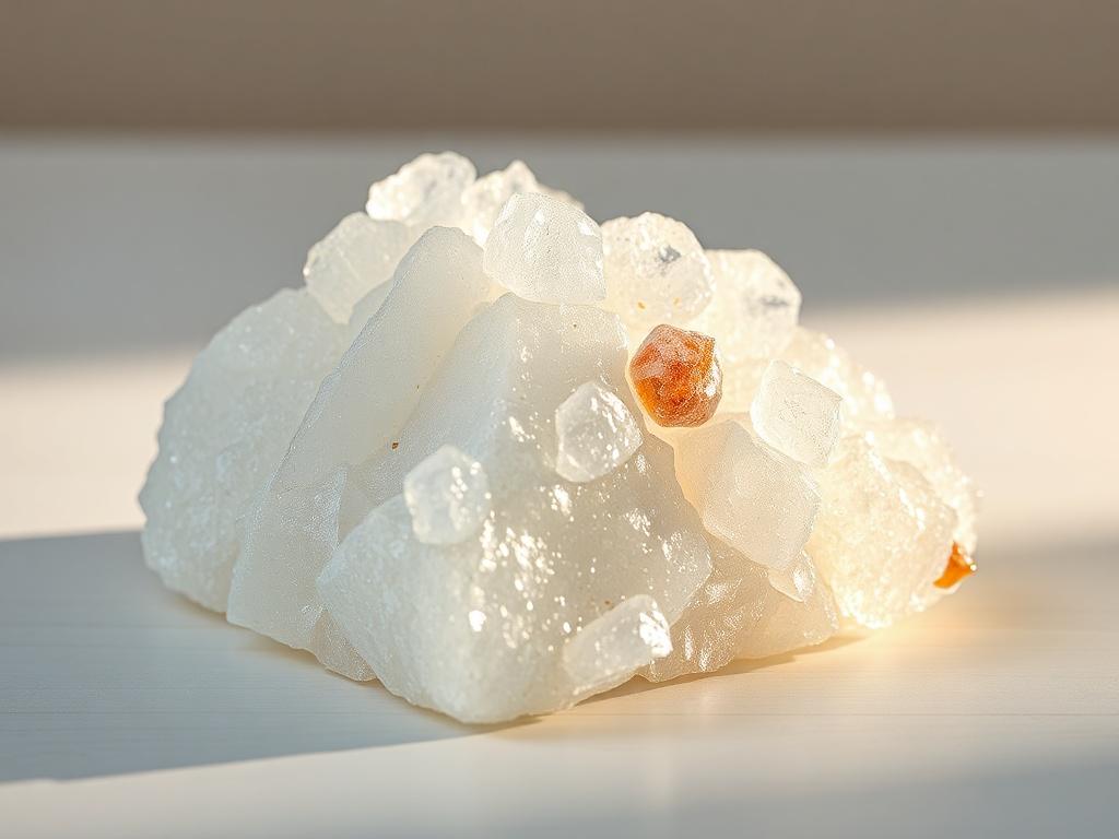 Create a realistic high-resolution image of rock sugar, known as Misri or Mishri, showcasing its unique, crystalline form. The composition should feature a single, prominent piece of rock sugar, illuminated to highlight its irregular, translucent nuggets that resemble ice or quartz. Ensure the background is simple and unobtrusive, ideally a soft, neutral tone that enhances the crystalline texture and brilliance of the sugar without drawing attention away from it. The light source should create subtle reflec