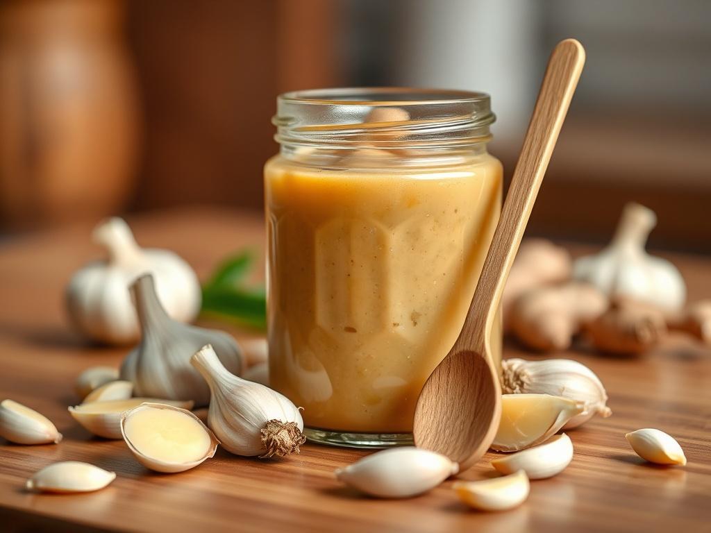 **Prompt for AI Image Generator:**

Create a highly realistic, high-resolution close-up photograph of a small glass jar filled with freshly made ginger and garlic paste. The jar should be the central focus of the image, sitting on a wooden kitchen countertop that adds warmth and texture to the scene. Surround the jar with a few whole garlic cloves and unpeeled ginger roots scattered artistically, enhancing the freshness of the ingredients.

The background should be softly blurred to emphasize the jar and th