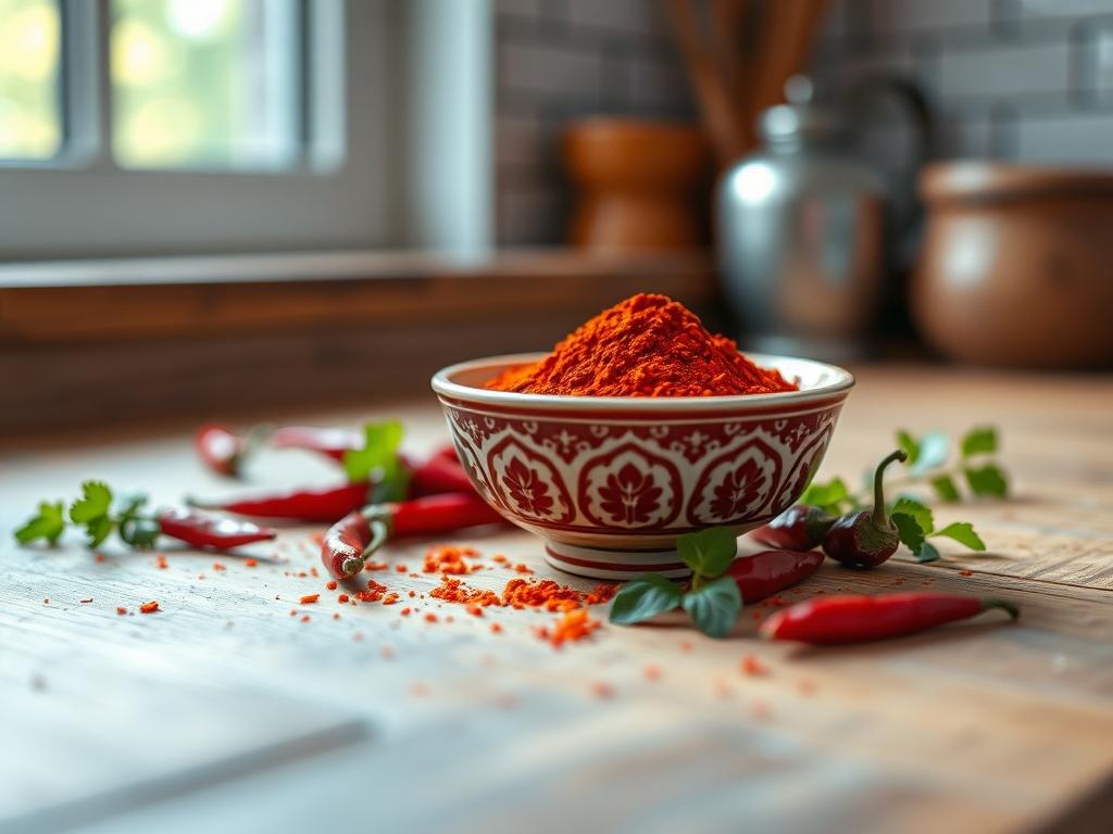 **AI Image Generation Prompt:**

Create a realistic high-resolution photo featuring a single subject: a small, elegantly arranged bowl of vibrant red chili powder. The bowl should be ceramic, with intricate designs that reflect South Asian artistry, symbolizing its cultural significance. Surrounding the bowl, scatter a few whole dried red chilies and a pinch of fresh herbs (like cilantro) to add color and context to the scene.

The background should be soft and blurred, resembling a rustic wooden kitchen co