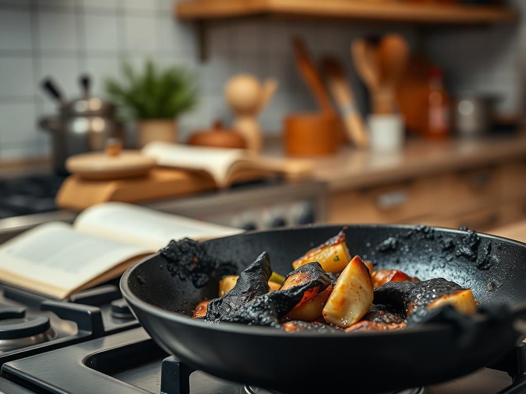 Create a high-resolution photo focusing on a single, realistic subject that conveys the theme "If Food Burns While Cooking." The central subject should be a close-up shot of a burnt piece of food, such as a charred frying pan with blackened vegetables or meat, charred and crispy around the edges to emphasize the mishap. 

The backdrop should be a blurred kitchen environment with soft, warm lighting, hinting at a homey ambiance. The composition should be simple and clear, with the burnt food dominating the f