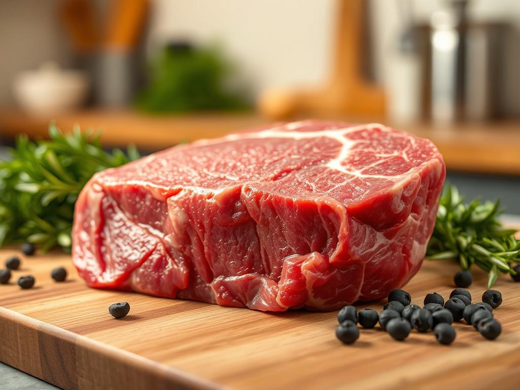 Create a highly realistic, high-resolution close-up image focusing on a single piece of raw red meat, emphasizing its texture and marbling. The meat should be displayed on a wooden cutting board to highlight its natural colors and details. Include a light sheen on the surface of the meat to indicate freshness. Surround the meat with several herbs and spices, such as fresh rosemary and whole black peppercorns, to give context to the tenderization process. 

In the background, present a soft-focus kitchen set