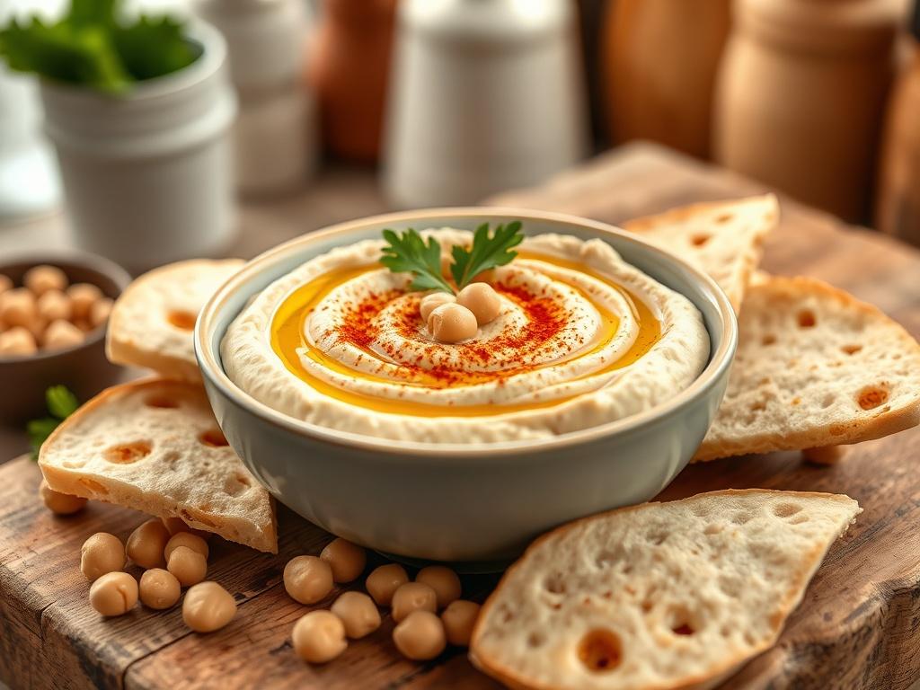 Create a realistic high-resolution photo focused on a single subject: a beautifully presented bowl of hummus nestled on a rustic wooden table. The hummus should appear creamy and smooth, garnished with a drizzle of olive oil, a sprinkle of paprika, and a few whole chickpeas and fresh parsley leaves on top for added color and texture. Surround the bowl with a few warm pita bread slices and a scattering of chickpeas for a natural, inviting feel.

The background should feature a soft-focus kitchen environment,
