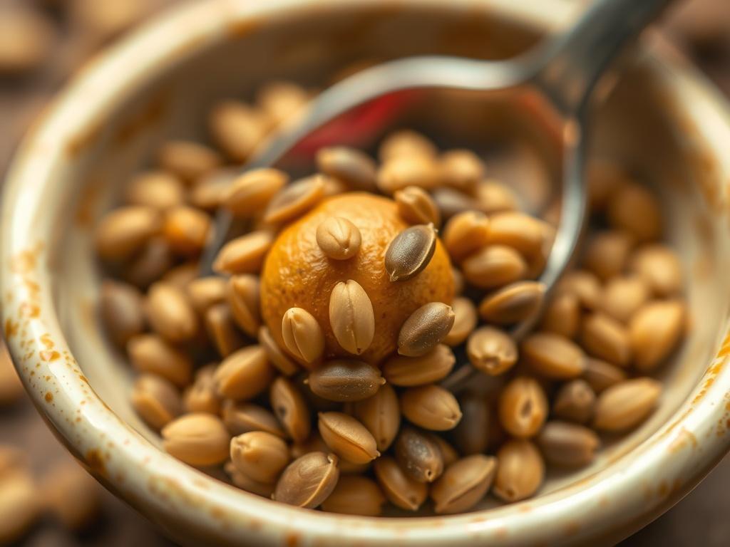 Create a realistic high-resolution photo that prominently features a single mustard seed. The seed should be depicted in a close-up, hyper-realistic manner, showcasing its tiny, round shape and delicate texture. Capture the range of colors from pale yellow to dark brown or black, highlighting the seed's natural sheen and subtle variations. 

The background should be softly blurred to maintain focus on the mustard seed, utilizing a warm, earthy color palette that complements the seed's appearance. Consider i