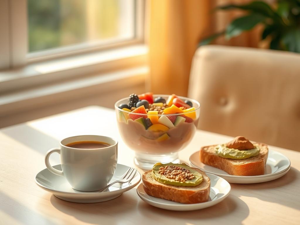 A serene breakfast table set with a colorful smoothie bowl topped with fruits and seeds, a side of toast with avocado spread, and a steaming cup of coffee. The warm, golden hues create a welcoming atmosphere, with gentle sunlight filtering through a window, highlighting the freshness and vibrancy of the meal, perfect for busy students.