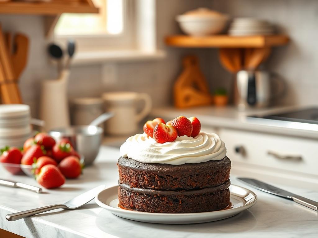 A delightful kitchen counter displaying a freshly baked chocolate cake topped with whipped cream and strawberries, surrounded by baking tools like measuring cups and a spatula. The soft lighting enhances the inviting nature of the scene, making it an ideal representation of easy dessert recipes for beginners looking to impress.