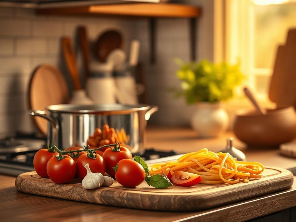 A cozy kitchen scene with a pot of boiling pasta on the stove, a wooden cutting board with fresh tomatoes, basil, and garlic, soft golden lighting illuminating the space. The background should show kitchen utensils and a hint of a vibrant dish prepared with pasta, emphasizing the simplicity and accessibility of cooking for beginners.