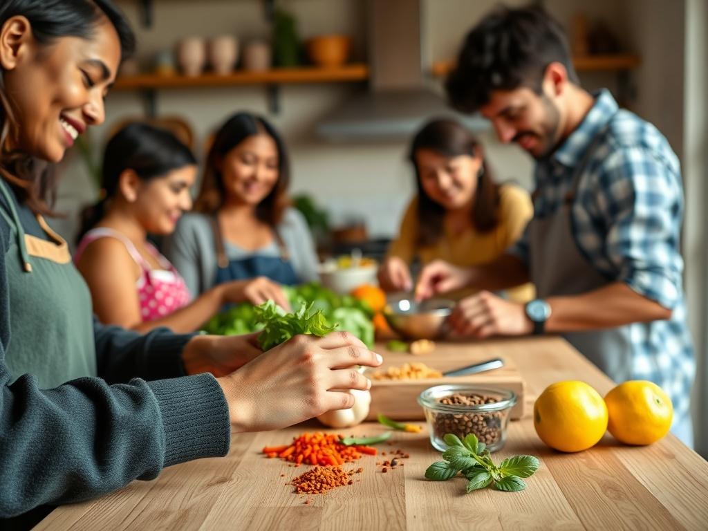 A warm and inviting kitchen scene, featuring a diverse group of five family members engaged in cooking together. The focus is on a close-up shot of hands preparing fresh ingredients like vegetables and spices on a wooden countertop. The background shows a cozy kitchen with soft, natural lighting, emphasizing a sense of collaboration and learning. The primary color theme should reflect rgb(50, 170, 39), creating a vibrant and cheerful atmosphere.