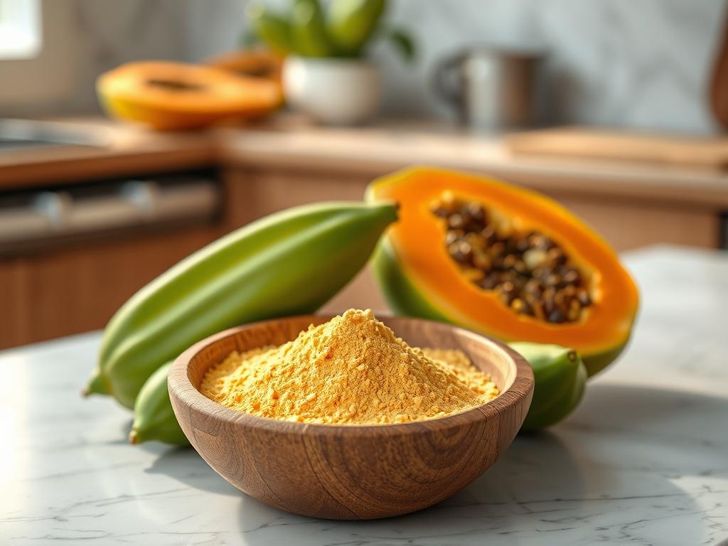 **AI Image Generation Prompt:**

Create a realistic, high-resolution close-up photograph of raw papaya powder displayed in a rustic wooden bowl. The composition should focus solely on the bowl containing the powder, allowing the fine texture of the powder to be highlighted. Surround the bowl with a few unripe green papayas in their natural state to emphasize the source of the powder, and arrange them casually to convey a farm-fresh feel.

The background should be softly blurred, showcasing a natural and war