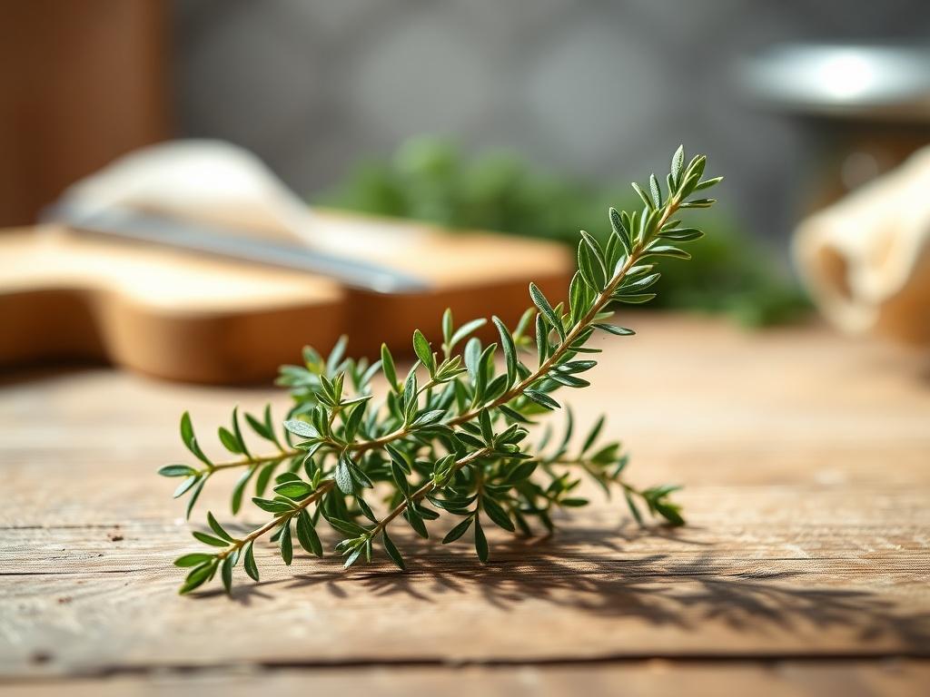 **AI Image Generation Prompt:**

Create a realistic high-resolution image featuring a single sprig of fresh thyme. The thyme sprig should be the focal point of the composition, showcasing its delicate, tiny leaves that are a vibrant green, capturing the herb's aromatic qualities. Position the thyme on a textured wooden kitchen table to emphasize its connection to cooking and tradition.

The background should be softly blurred to keep the focus on the thyme, with hints of rustic kitchen elements such as a wo
