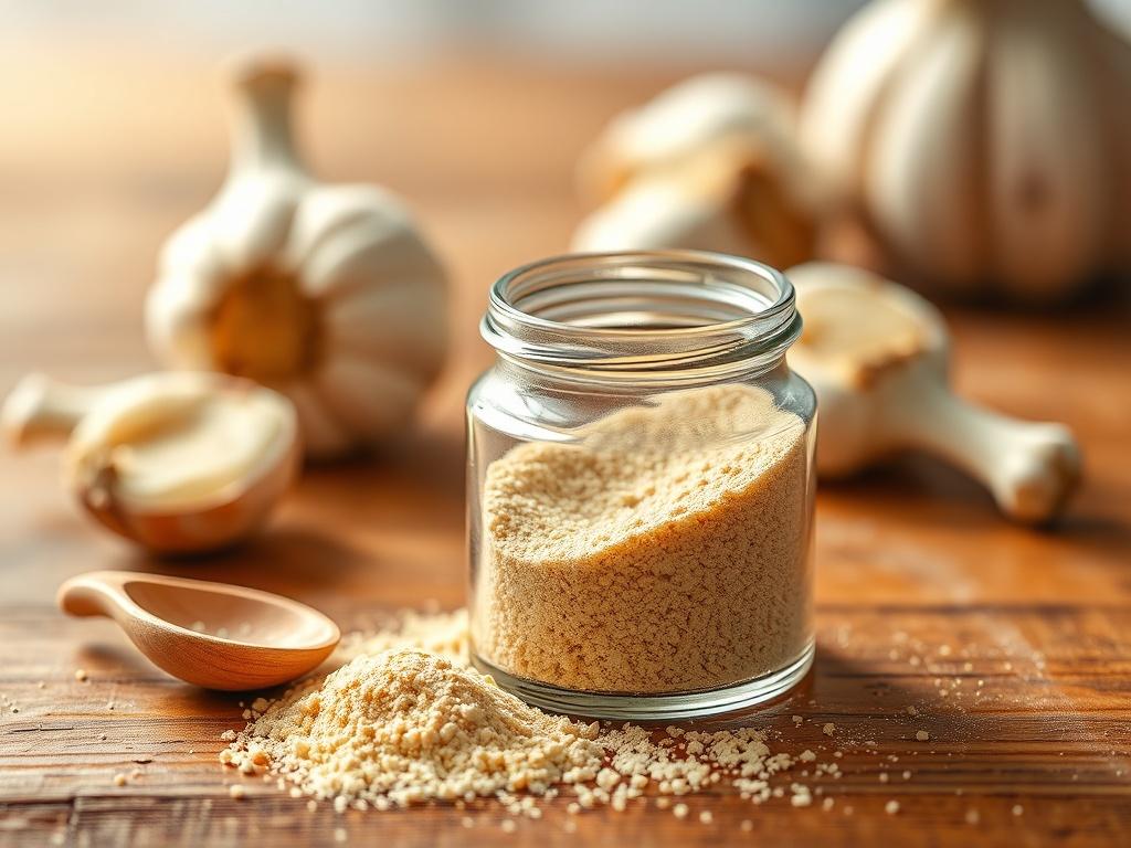 **AI Image Generation Prompt:**

Create a realistic high-resolution close-up photograph that features garlic powder as the central subject. The image should showcase a small, clear glass container filled with fine, pale gold garlic powder, with the lid slightly ajar to suggest freshness. The texture of the powder should be finely detailed, highlighting its dust-like consistency.

Place the container on a rustic wooden surface that adds warmth and a natural feel to the composition. The background should be s