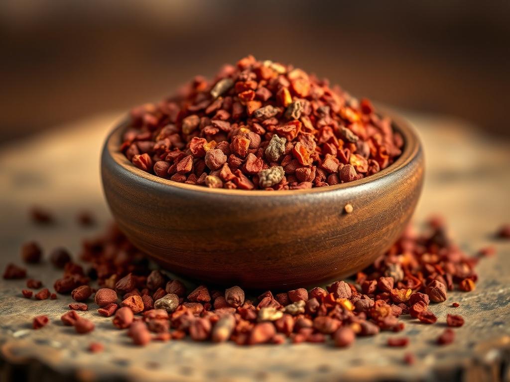 **Prompt for AI Image Generation:**

Create a realistic, high-resolution close-up photograph of Aleppo Pepper. The image should feature a single, clear subject: a small, rustic wooden bowl filled with coarsely ground Aleppo pepper, displaying its vibrant burgundy-red color and flaky texture. The focus should be on the rich, sun-dried granules of the spice, showcasing its moderate heat and subtle smoky undertones. 

Ensure the background is softly blurred to maintain a simple composition, enhancing the empha