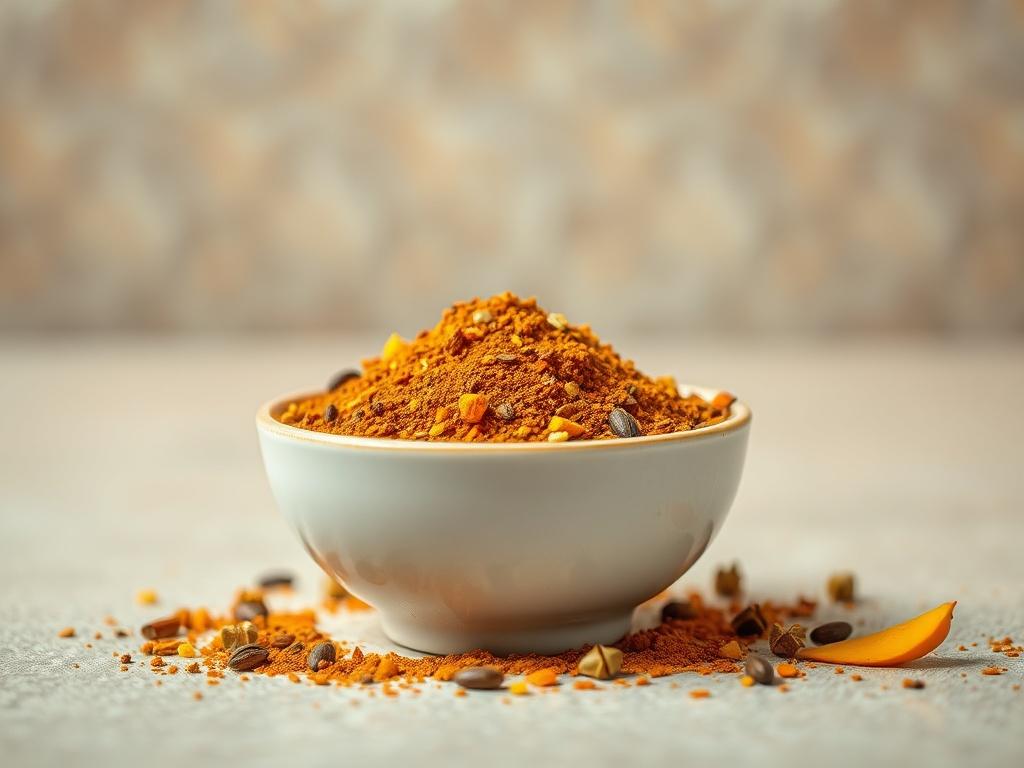 **AI Image Generation Prompt:**

Create a highly detailed, realistic high-resolution photo that captures the essence of "Chaat Masala." The composition should be simple and clear, featuring a single, vibrant bowl of chaat masala placed centrally against a neutral, softly blurred background that emphasizes the subject without distraction. 

In the bowl, depict the chaat masala spice blend, showcasing its rich, varied colors—deep browns, bright yellows, and hints of red, all mixing harmoniously. Allow the spi