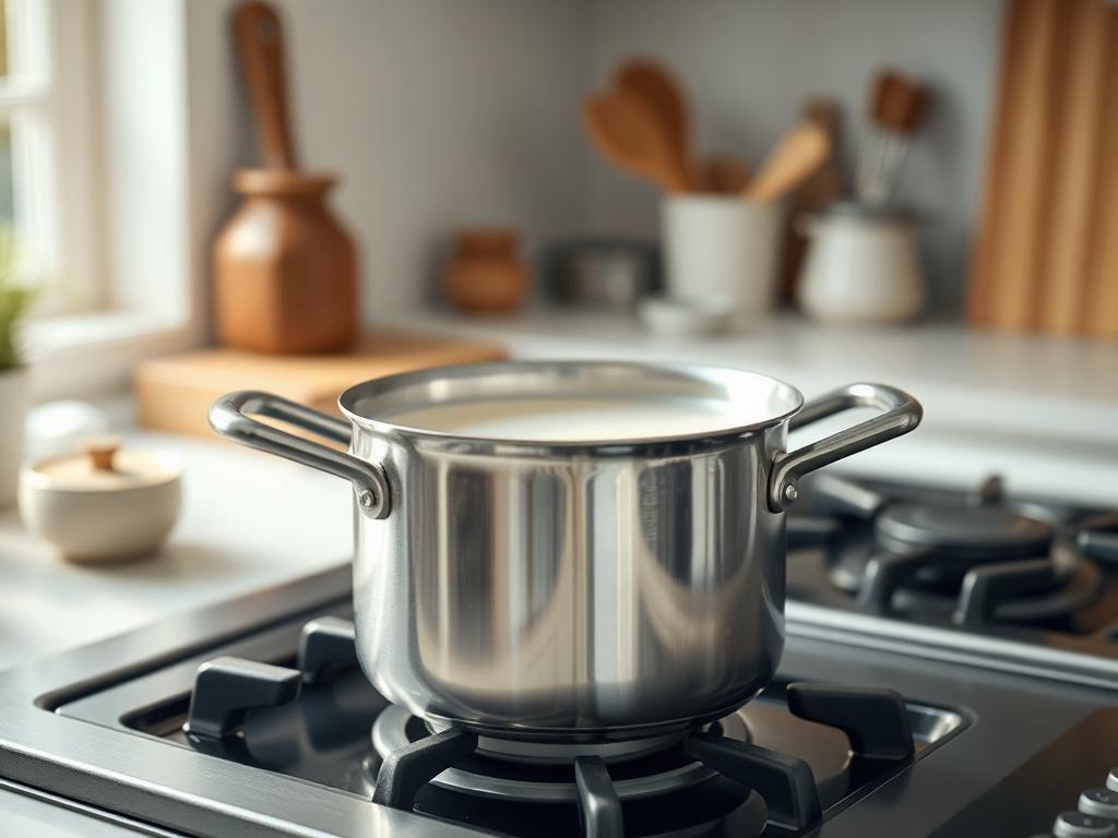 **AI Image Generation Prompt:** 

Create a hyper-realistic high-resolution photo of a single stainless steel saucepan filled with raw milk, situated on a modern stovetop. The saucepan should have a reflective surface, capturing the light beautifully, highlighting the creamy texture of the milk inside. 

Position the saucepan centered in the image, allowing for a clear view of the milk, which should appear warm and inviting, with delicate steam rising from the surface to indicate it’s being heated. The focus