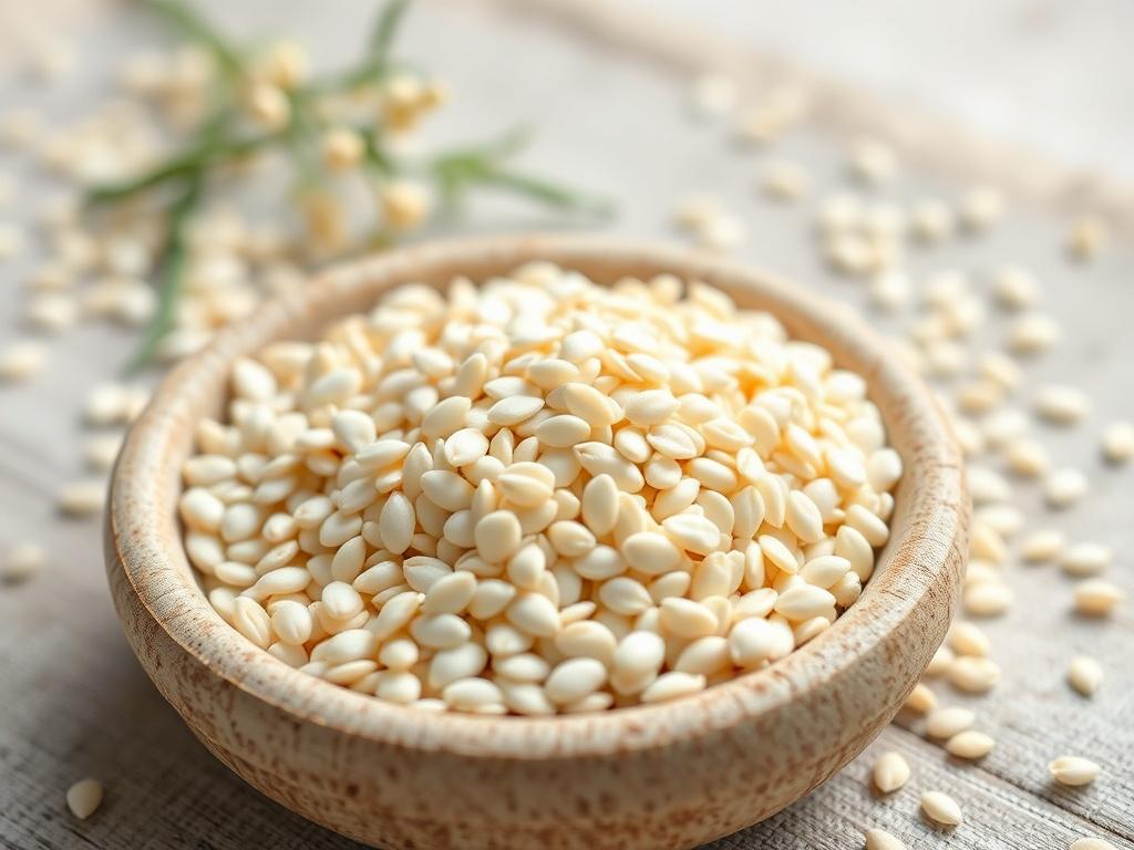 **AI Image Generation Prompt:**

Create a realistic, high-resolution photo of white sesame seeds. The composition should be simple and clear, featuring only one subject: a small, shallow dish filled with white sesame seeds. These tiny, flat, ivory-colored seeds should be displayed prominently in the center of the image, showcasing their delicate, nutty texture and appealing color. The background should be softly blurred to enhance the focus on the seeds, creating a calming and elegant atmosphere. Use natura