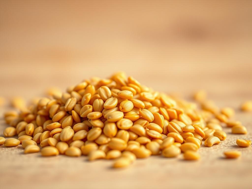 **Prompt for AI Image Generation:**

Create a highly detailed, realistic high-resolution photo featuring a single subject: fenugreek seeds. The seeds should be presented in a close-up shot, showcasing their small, hard, amber-colored appearance with a glossy finish that catches the light. Emphasize their unique, bittersweet aroma by capturing their texture, which conveys a sense of richness and depth. 

The background should be simple and clear, with a softly blurred earthy tone that highlights the seeds wi