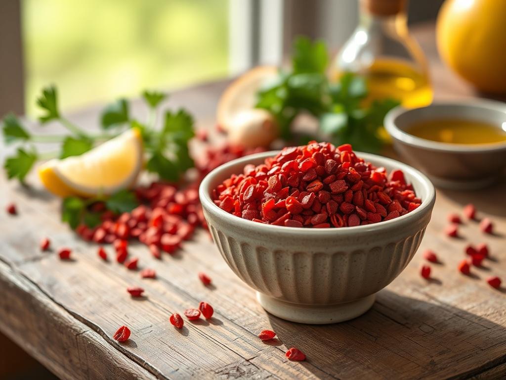 **AI Image Generation Prompt:**

Create a hyper-realistic high-resolution image of a single bowl filled with vibrant crimson sumac spice. The bowl should be a simple, elegant ceramic dish, allowing the stunning ruby-red hue of the spice to take center stage. Position the bowl on a rustic wooden table, with soft, natural sunlight illuminating the scene to highlight the textures and colors. 

In the background, subtly feature fresh ingredients commonly associated with sumac, such as a sprig of parsley, a wedg