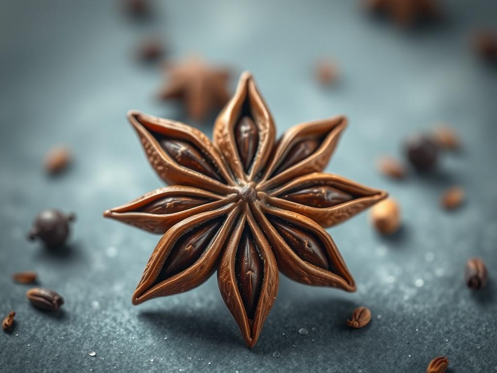 **AI Image Generation Prompt:**

Create a realistic high-resolution photo featuring a single star anise pod prominently displayed in the center of the composition. Focus on capturing the striking eight-pointed star shape of the star anise, showcasing its rich brown color and textured surface to emphasize both its beauty and complexity. The background should be a soft gray or cool-toned setting, allowing the star anise to stand out as the main subject. Incorporate very subtle hints of blurred herbs or spices