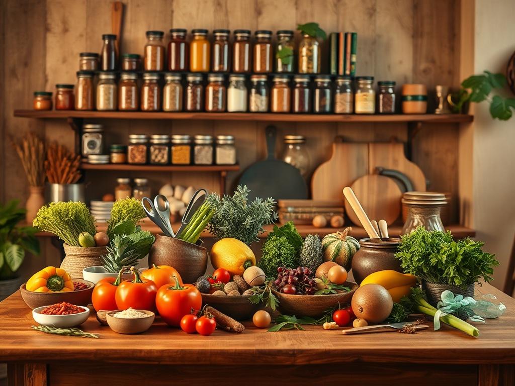 A cozy kitchen setting with soft golden lighting. The image features a beautifully arranged wooden table displaying various colorful cooking ingredients such as fresh vegetables, spices, herbs, and cooking utensils. In the background, a rustic shelf filled with jars of spices and cookbooks creates a warm, inviting atmosphere, emphasizing the essence of home cooking.