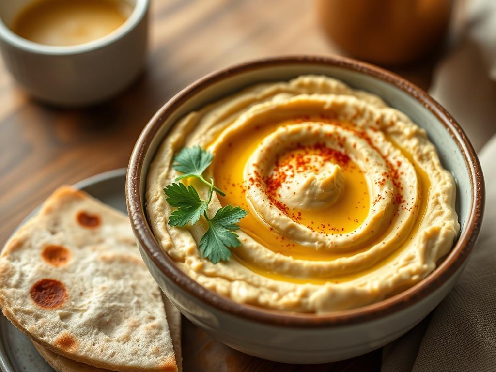 **AI Image Generation Prompt:**

Create a realistic high-resolution photograph featuring a single subject: a beautifully presented bowl of creamy hummus. The hummus should be garnished with a drizzle of olive oil, a sprinkle of paprika, and a few fresh parsley leaves for an appealing touch. Include a small plate of warm pita bread slices placed alongside the bowl to highlight its delicious pairing. 

The background should be softly blurred to emphasize the hummus as the main focus, creating a warm and invit