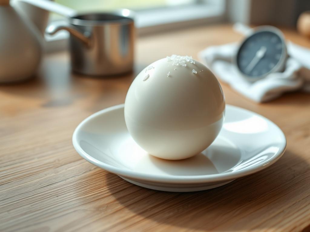 **AI Image Generation Prompt:**

Create a realistic high-resolution photo of a single perfectly boiled egg placed centrally on a clean white plate. The egg should be glistening with a smooth surface, showcasing its flawless, pale shell. To add a touch of color, gently sprinkle a pinch of sea salt on top. The background should be softly blurred, featuring a rustic wooden kitchen table that adds warmth to the scene. Natural light should illuminate the egg, casting a soft shadow underneath it, enhancing its sh