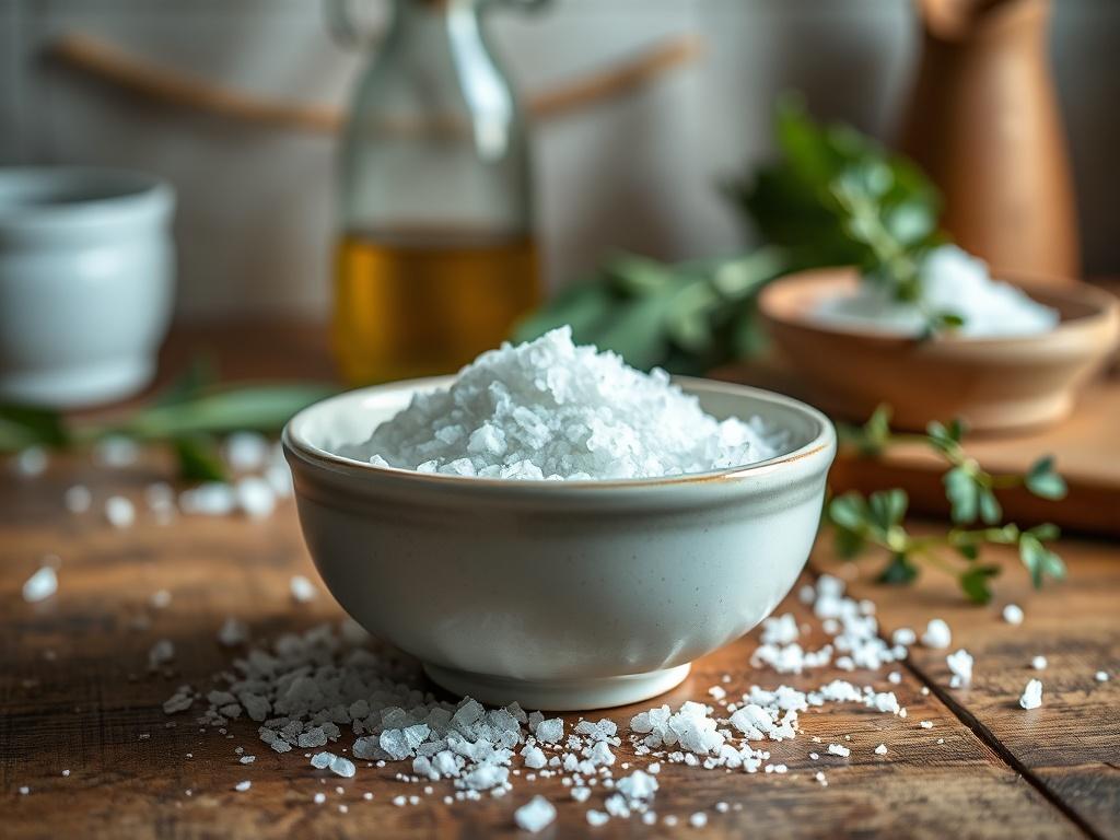 Create a realistic high-resolution photo showcasing a close-up shot of a small, elegant ceramic bowl filled with coarse sea salt. The bowl, nestled on a rustic wooden kitchen countertop, should be the single focal point of the image, capturing the inviting essence of cooking. Surround the bowl with a few scattered grains of salt to convey the idea of seasoning in action.

The background should be softly blurred, featuring hints of culinary tools like an olive oil bottle and fresh herbs, creating a warm and 