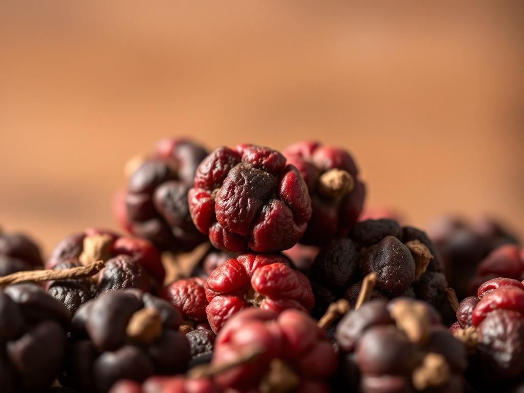 Create a hyper-realistic, high-resolution close-up shot of Sichuan peppercorns, showcasing their distinct features. The composition should focus solely on a single dried berry-husk of the Sichuan peppercorn, highlighting its rough texture, deep reddish-brown color, and unique husk shape. Arrange the peppercorns in a simple yet elegant manner, emphasizing their natural beauty.

The background should consist of a soft, blurred earthy tone to accentuate the peppercorn's vibrant colors without distraction. Ensu