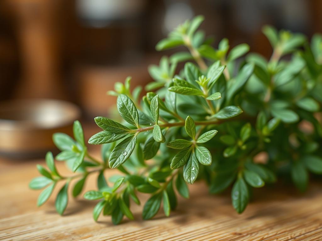 **Prompt for AI Image Generator:**

Create a realistic high-resolution photo that captures the essence of oregano, the fragrant herb often associated with Mediterranean cuisine. The composition should be simple and clear, featuring a single sprig of fresh oregano as the focal subject. The oregano sprig should be lush, with vibrant green leaves exhibiting slight dew drops, symbolizing freshness. 

Place the oregano against a softly blurred background of rustic wooden kitchen surfaces, evoking warmth and a ho