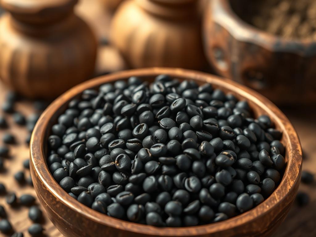 **AI Image Generation Prompt:**

Create a realistic high-resolution photo featuring a single subject: a close-up shot of black mustard seeds (Brassica nigra). The seeds should appear small, dark brown to black, showcasing their glossy texture and subtle sheen. Arrange the seeds neatly in a shallow wooden bowl, emphasizing their rich color and shape. 

The composition should be simple and clear, focusing solely on the bowl of seeds against a softly blurred background that suggests a rustic kitchen setting, w