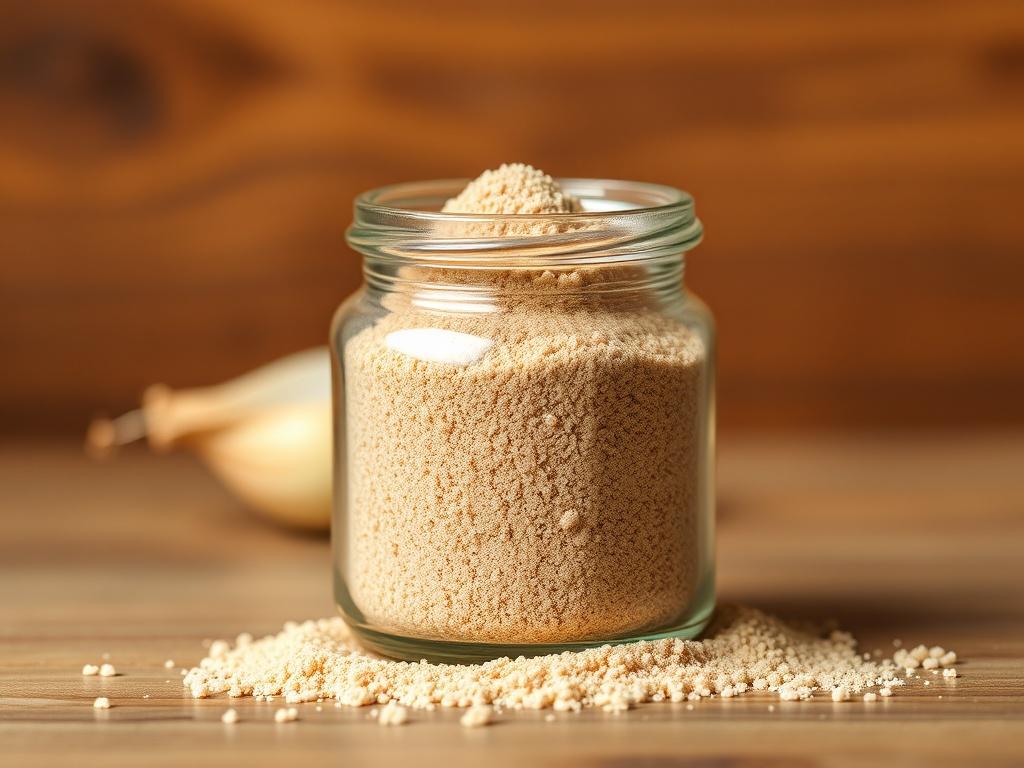 Create a realistic high-resolution photo of a small, glass spice jar filled with fine, pale tan onion powder. The jar should be prominently placed in the center of the composition, showcasing the coarse texture of the powder inside. Ensure that the glass is clear and glossy, allowing light to reflect off its surface, highlighting its contents. 

The background should be softly blurred, resembling a rustic wooden surface that complements the earthy tone of the onion powder, creating a warm and inviting atmos