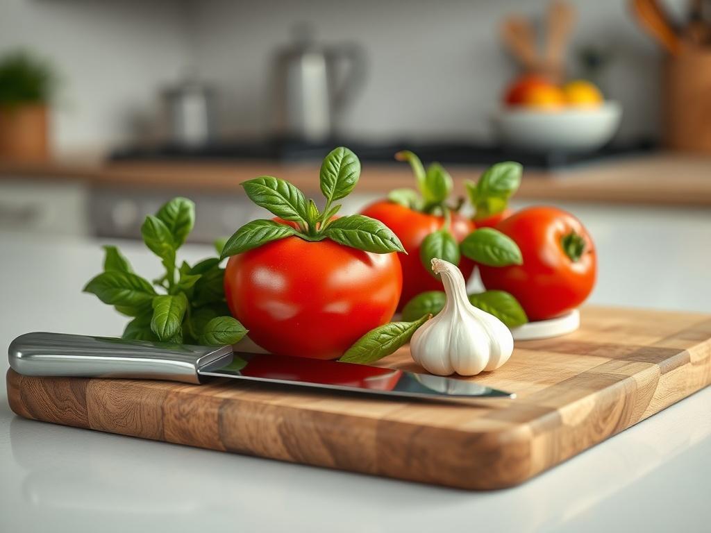 **Prompt for AI Image Generator:**

Create a realistic high-resolution close-up photograph featuring a single subject that embodies the theme of "Essential Cooking Tips for Beginners." The subject should be a beautifully arranged wooden cutting board placed on a clean, well-lit kitchen countertop. In the center of the cutting board, showcase a vibrant assortment of fresh ingredients: a ripe tomato, a bunch of fragrant basil leaves, a few cloves of garlic, and a sharp chef's knife resting elegantly next to t
